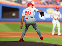 Philadelphia Phillies starting pitcher Ranger Suarez #55 throws during the third inning of a baseball game against the New York Mets at Citi...