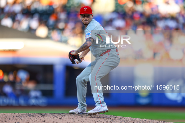 Philadelphia Phillies relief pitcher Orion Kerkering #50 throws during the seventh inning of a baseball game against the New York Mets at Ci...