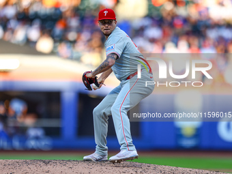 Philadelphia Phillies relief pitcher Orion Kerkering #50 throws during the seventh inning of a baseball game against the New York Mets at Ci...