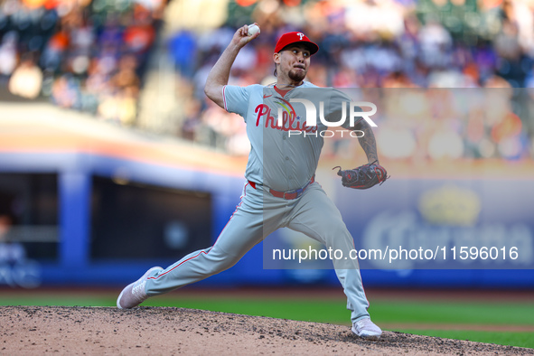 Philadelphia Phillies relief pitcher Orion Kerkering #50 throws during the seventh inning of a baseball game against the New York Mets at Ci...