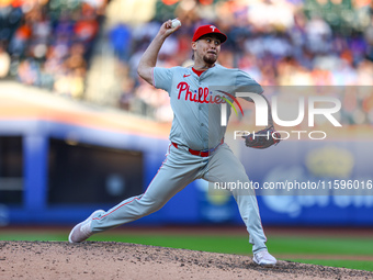 Philadelphia Phillies relief pitcher Orion Kerkering #50 throws during the seventh inning of a baseball game against the New York Mets at Ci...