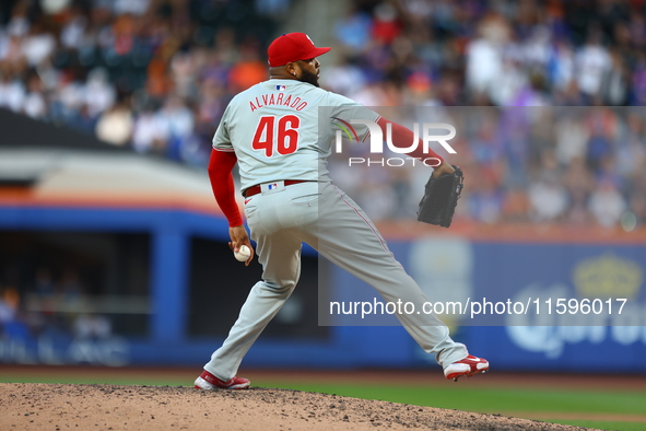 Philadelphia Phillies relief pitcher Jose Alvarado #46 throws during the seventh inning of a baseball game against the New York Mets at Citi...