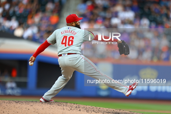 Philadelphia Phillies relief pitcher Jose Alvarado #46 throws during the seventh inning of a baseball game against the New York Mets at Citi...