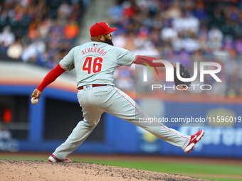 Philadelphia Phillies relief pitcher Jose Alvarado #46 throws during the seventh inning of a baseball game against the New York Mets at Citi...