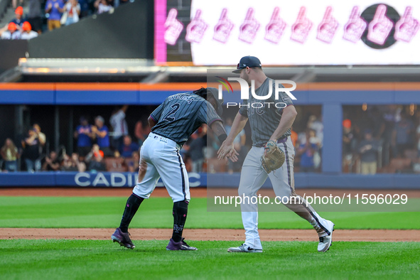 The New York Mets celebrate their 6-2 win in the baseball game against the Philadelphia Phillies at Citi Field in Corona, N.Y., on September...