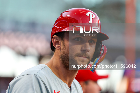 Philadelphia Phillies' Trea Turner #7 stands in the hole during the eighth inning of a baseball game against the New York Mets at Citi Field...