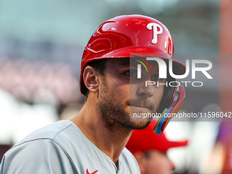 Philadelphia Phillies' Trea Turner #7 stands in the hole during the eighth inning of a baseball game against the New York Mets at Citi Field...