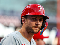 Philadelphia Phillies' Trea Turner #7 stands in the hole during the eighth inning of a baseball game against the New York Mets at Citi Field...