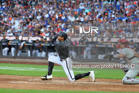 Brandon Nimmo #9 of the New York Mets singles during the seventh inning of the baseball game against the Philadelphia Phillies at Citi Field...