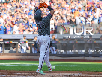 Francisco Alvarez #4 of the New York Mets homers during the second inning of the baseball game against the Philadelphia Phillies at Citi Fie...