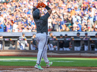 Francisco Alvarez #4 of the New York Mets homers during the second inning of the baseball game against the Philadelphia Phillies at Citi Fie...