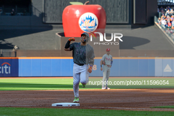 Francisco Alvarez #4 of the New York Mets rounds the bases after homering during the second inning of the baseball game against the Philadel...