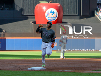 Francisco Alvarez #4 of the New York Mets rounds the bases after homering during the second inning of the baseball game against the Philadel...