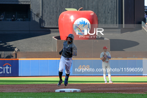 Luisangel Acuna #2 of the New York Mets rounds the bases after homering during the second inning of a baseball game against the Philadelphia...