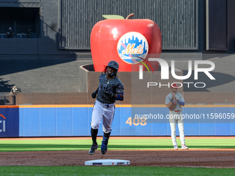 Luisangel Acuna #2 of the New York Mets rounds the bases after homering during the second inning of a baseball game against the Philadelphia...