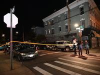 Police investigate the crime scene where a 26-year-old man is shot in the Highland Park section of Brooklyn, New York, United States, on Sep...