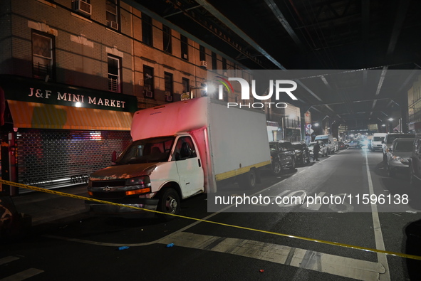 Police investigate the crime scene where a 26-year-old man is shot in the Highland Park section of Brooklyn, New York, United States, on Sep...