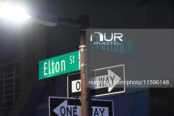 Street signage at the scene. Police investigate the crime scene where a 26-year-old man is shot in the Highland Park section of Brooklyn, Ne...