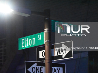 Street signage at the scene. Police investigate the crime scene where a 26-year-old man is shot in the Highland Park section of Brooklyn, Ne...