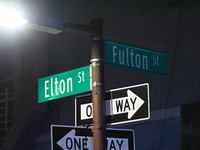 Street signage at the scene. Police investigate the crime scene where a 26-year-old man is shot in the Highland Park section of Brooklyn, Ne...