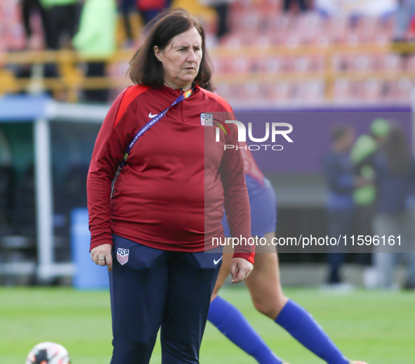 Tracey Kevins coaches the United States during the FIFA U-20 Women's World Cup Colombia 2024 third-place match between the Netherlands and t...