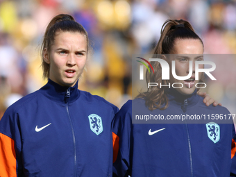 Femke Liefting and Louise van Oosten of the Netherlands warm up during the FIFA U-20 Women's World Cup Colombia 2024 third-place match betwe...