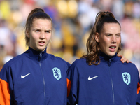 Femke Liefting and Louise van Oosten of the Netherlands warm up during the FIFA U-20 Women's World Cup Colombia 2024 third-place match betwe...