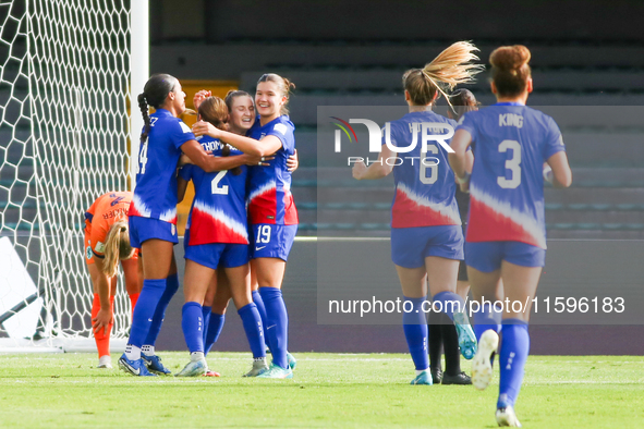 United States players celebrate a goal during the third-place match of the FIFA U-20 Women's World Cup Colombia 2024 between the Netherlands...