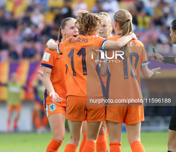 Players of the Netherlands celebrate a goal during the FIFA U-20 Women's World Cup Colombia 2024 third-place match between the Netherlands a...