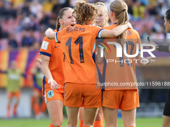 Players of the Netherlands celebrate a goal during the FIFA U-20 Women's World Cup Colombia 2024 third-place match between the Netherlands a...