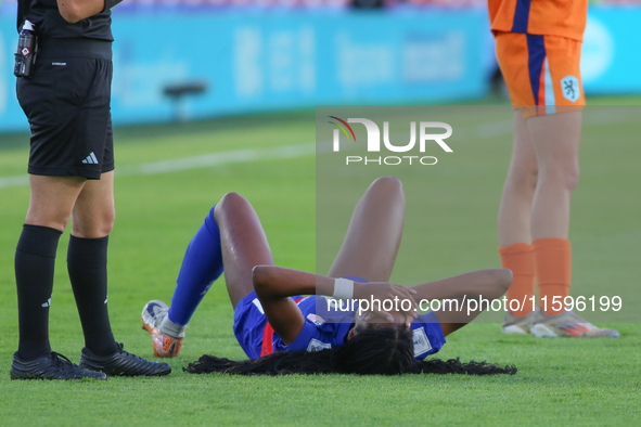 Jordynn Dudley of the United States is taken off on a stretcher during the FIFA U-20 Women's World Cup Colombia 2024 third-place match betwe...