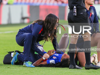 Jordynn Dudley of the United States is taken off on a stretcher during the FIFA U-20 Women's World Cup Colombia 2024 third-place match betwe...