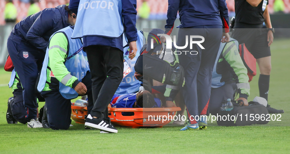 Jordynn Dudley of the United States is taken off on a stretcher during the FIFA U-20 Women's World Cup Colombia 2024 third-place match betwe...