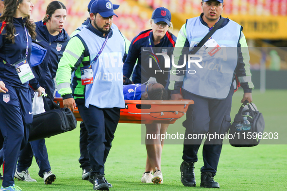 Jordynn Dudley of the United States is taken off on a stretcher during the FIFA U-20 Women's World Cup Colombia 2024 third-place match betwe...