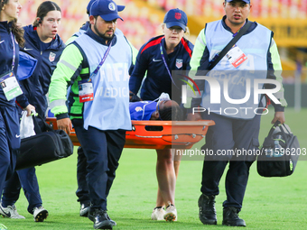 Jordynn Dudley of the United States is taken off on a stretcher during the FIFA U-20 Women's World Cup Colombia 2024 third-place match betwe...