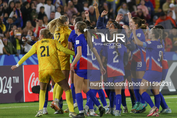 Players of the United States celebrate victory during the FIFA U-20 Women's World Cup Colombia 2024 third-place match between the Netherland...