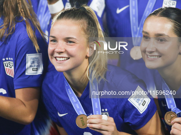 Claire Hutton of the United States celebrates victory during the FIFA U-20 Women's World Cup Colombia 2024 third-place match between the Net...