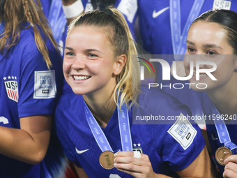 Claire Hutton of the United States celebrates victory during the FIFA U-20 Women's World Cup Colombia 2024 third-place match between the Net...