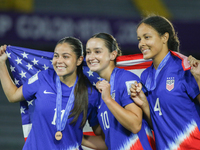 Emeri Adames, Ally Lemos, and Jordyn Bugg of the United States celebrate victory during the FIFA U-20 Women's World Cup Colombia 2024 third-...