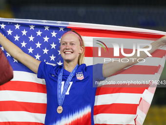 Maddie Dahlien of the United States celebrates victory during the FIFA U-20 Women's World Cup Colombia 2024 third-place match between the Ne...