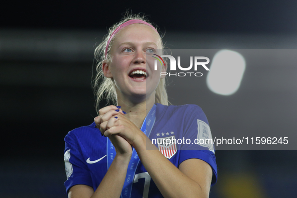 Maddie Dahlien of the United States celebrates victory during the FIFA U-20 Women's World Cup Colombia 2024 third-place match between the Ne...