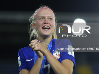 Maddie Dahlien of the United States celebrates victory during the FIFA U-20 Women's World Cup Colombia 2024 third-place match between the Ne...