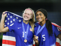 Maddie Dahlien and Elise Aminta Evans of the United States celebrate victory during the FIFA U-20 Women's World Cup Colombia 2024 third-plac...