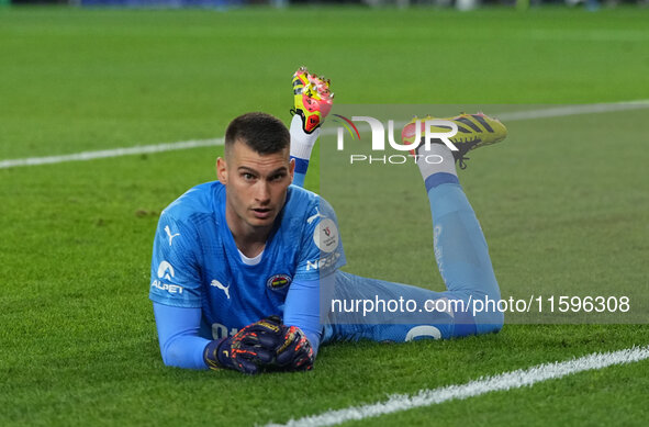 Dominik Livakovic of Fenerbahce  on the ground during the Turkey Süper Ligue Round 5 between Fenerbahçe SK vs Galatasaray S.K., on September...