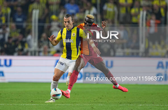 Çağlar Söyüncü of Fenerbahce and Victor Osimhen of Galatasaray battle for the ball during the Turkey Süper Ligue Round 5 between Fenerbahçe...