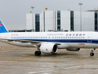 China Southern Airlines' first C919 aircraft arrives at Hangzhou Xiaoshan International Airport from Guangzhou in Hangzhou, Zhejiang provinc...