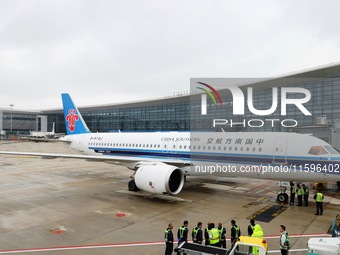 China Southern Airlines' first C919 aircraft arrives at Hangzhou Xiaoshan International Airport from Guangzhou in Hangzhou, Zhejiang provinc...