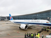 China Southern Airlines' first C919 aircraft arrives at Hangzhou Xiaoshan International Airport from Guangzhou in Hangzhou, Zhejiang provinc...