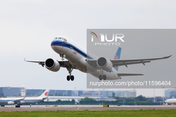 The first C919 of China Southern Airlines takes off for Guangzhou at noon from Hangzhou Xiaoshan International Airport in Hangzhou, China, o...