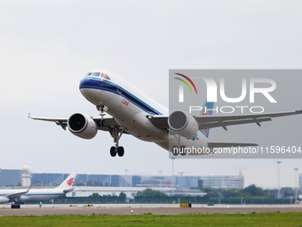 The first C919 of China Southern Airlines takes off for Guangzhou at noon from Hangzhou Xiaoshan International Airport in Hangzhou, China, o...